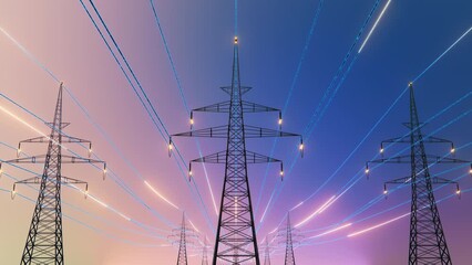 Wall Mural - power transmission lines with 3d digital visualization of electricity. blue skay and clean unpollute