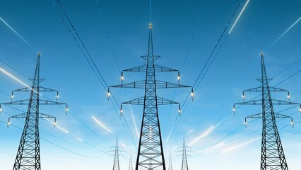 Wall Mural - power transmission lines with 3d digital visualization of electricity. fantastiuc visuals of night s