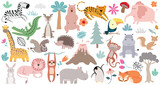 Fototapeta Pokój dzieciecy - Wild forest animals in trendy cute hand drawn style isolated on background.