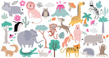 Wild Forest Animals In Trendy Cute Hand Drawn Style Isolated On Background.