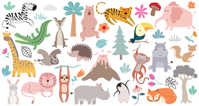 Wild forest animals in trendy cute hand drawn style isolated on background.