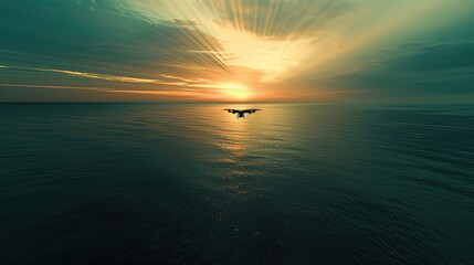 Wall Mural - A solitary drone in flight against a captivating sunset, with rays of light piercing through the clouds over a serene ocean.