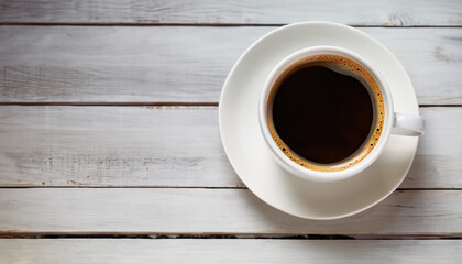 Wall Mural - Cup of coffee on old white wooden table. beauty background with copy space