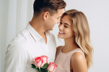 Canvas Print - beautiful young couple in love girl model with a young man with a bouquet of flowers, international women's day, warm relationship care and attention, selective