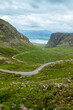 Driving the Bealach na Ba single track scenic road from Applecross. View from the pass in North West Highlands, Scotland, UK