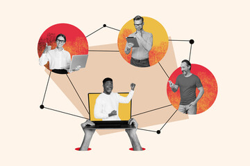 creative poster collage of teambuilding online communication gadget remote team work weird freak biz