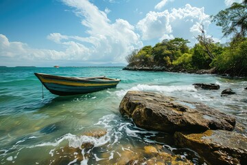Poster - The boat sails through a place near the islands