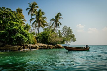 Canvas Print - The boat sails through a place near the islands