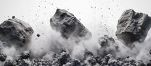 Falling Rock Fragments Erupt With Dust Splashes From Erupting Mountain Cliffs. Generated AI Image