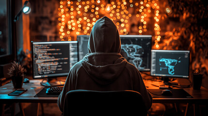 person in a hoodie is working on a computer with multiple screens, showing code and diagrams, in a c