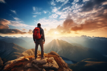 Young happy tourist on top of a mountain enjoying valley view before sunset