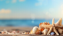 Sea Shells And Starfish On Blue Sea Background.