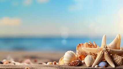 Wall Mural - Sea shells and starfish on blue sea background.