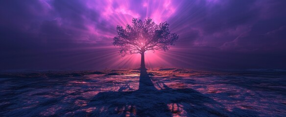 Wall Mural - Dramatic Ash Wednesday Banner with Lone Tree and Cross. Conceptual Ash Wednesday image with a tree's shadow casting an ash cross on the ground, surreal purple sky