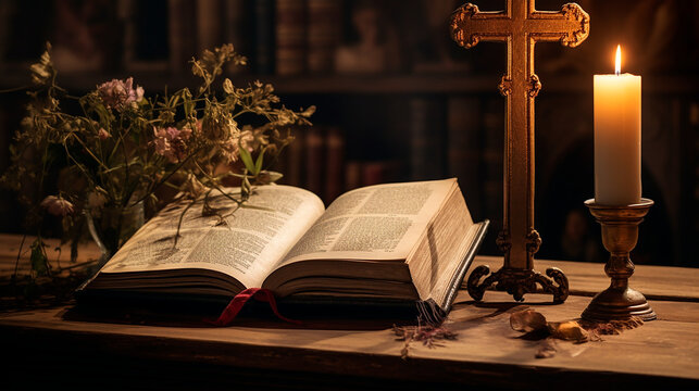 Bible reading, wooden cross with holy book
