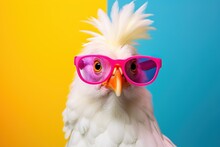 A Chic White Chicken Accessorized With Black Rimmed Glasses Posing In Front Of A Bold, Colorful Background