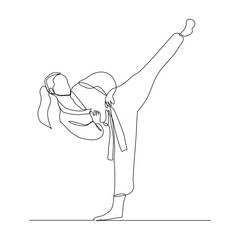 Wall Mural - Continuous single line sketch drawing of young woman confident karateka in kimono practicing karate kick combat. One line traditional martial art sport training concept Vector illustration