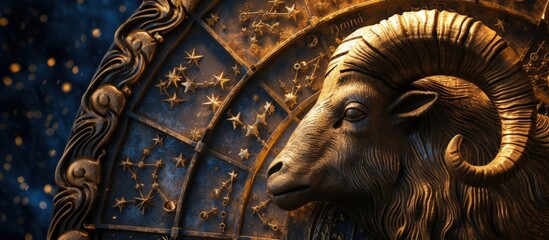 Golden aries zodiac horoscope sign on wheel of esoteric astrology calendar concept. Generated AI