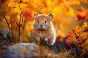 Canvas Print - An adorable fluffy pika nestled amidst vibrant autumn foliage with a grassy mound nearby, captured in a realistic photographic style