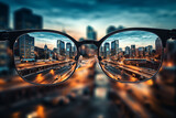 Fototapeta Nowy Jork - Urban Vision: Bright Cityscape Through Eyeglasses. Generative ai
