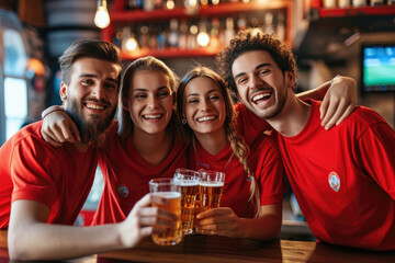 Canvas Print -  fans wearing in red shirts with beer glassesat a bar looking happy at soccer games