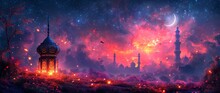 Pink Sky Full Of Stars And Fireflies: A Pink Full Moon Rising In The Sky Generative AI