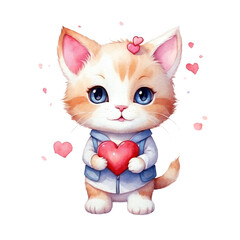 Cute kitty cat with a heart, watercolor png illustration with transparent background for valentines day card or print