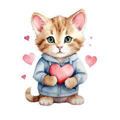 Cute kitty cat with a heart, watercolor png illustration with transparent background for valentines day card or print