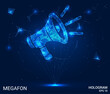 A megaphone hologram. A megaphone of polygons, triangles of dots and lines. Megafon is a low-poly compound structure. Technology concept vector.