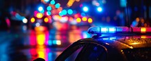Vibrant Nighttime Cityscape With Police Car Lights Illuminating A Rain-soaked Street Amidst Colorful Bokeh Background
