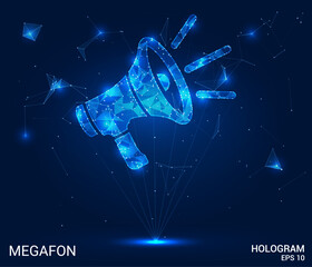 Wall Mural - A megaphone hologram. A megaphone of polygons, triangles of dots and lines. Megafon is a low-poly compound structure. Technology concept vector.