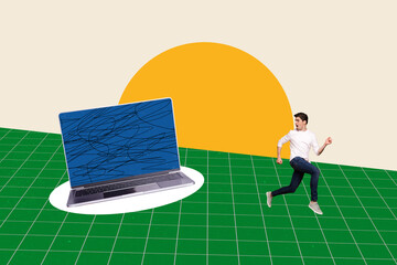 Poster - Photo cartoon comics sketch collage picture of scared guy running away office modern device isolated graphical background