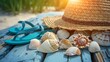 Beach relaxation with seashells and straw hat