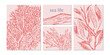 Vector sea life background set.  Wild life ocean creatures and seaweeds poster in coral red color.