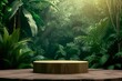 Wooden Podium Amidst a Tropical Forest, Ideal for Product Presentation Against a Lush Green Background