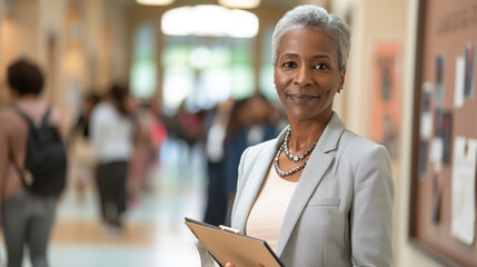 Sticker - professional woman with short grey hair is holding a clipboard and smiling confidently in a busy hallway