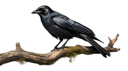 Cute raven, sitting on a tree isolated on white background. Generative AI.