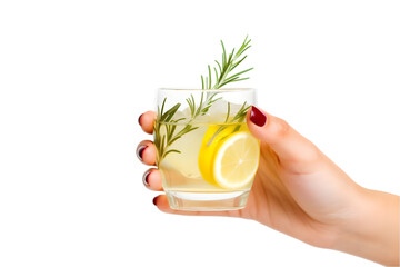 Wall Mural - Female hand hold glass of cocktail with citrus and rosemary isolated on white background. Generative AI.