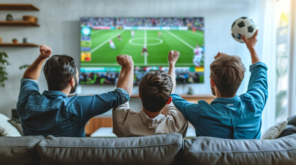 Canvas Print - three people are seen from the back, seated on a couch, raising their arms in excitement while watching a sports game on television