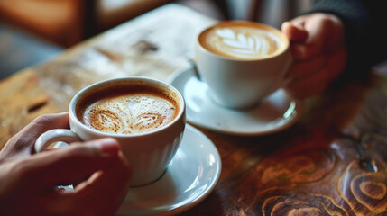 Two hands holding two cups of coffee with artistic latte art designs on top.