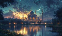 Glowing Moonlit Night At The Grand Mosque Generative AI