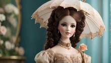 A Victorian-era Doll With An Elegant Gown And A Delicate Parasol Generative AI