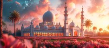 Pink Petals And White Clouds: A Stunning View Of A Mosque In The Sky Generative AI