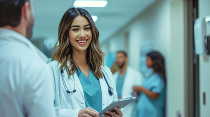 Sticker - Smiling young female doctor with a stethoscope around her neck, holding a tablet, standing in a hospital corridor.