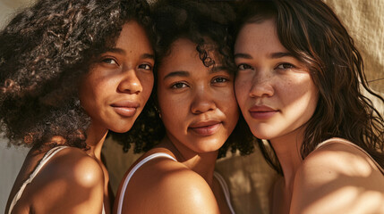 Poster - Three young women with diverse skin tones are posing closely together, smiling