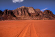 © romeof - Wadi Rum Desert in Jordan. On the Sunset. Panorama of beautiful sand pattern on the dune. Desert landscape in Jordan. Travel concept. Freedom