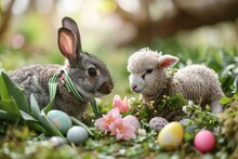 A Grey Fluffy Rabbit With A Festive Ribbon And A Little Lamb Among Painted Eggs Sitting In A Garden Spring Garden. Happy Easter Holiday Concept