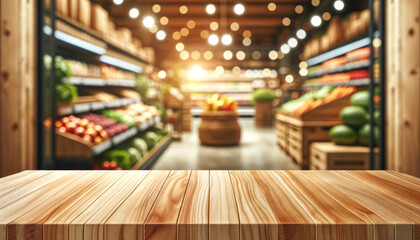 empty wooden table with blur beautiful grocery store background