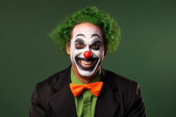 Clown happy man in black costume and halloween make up, green background