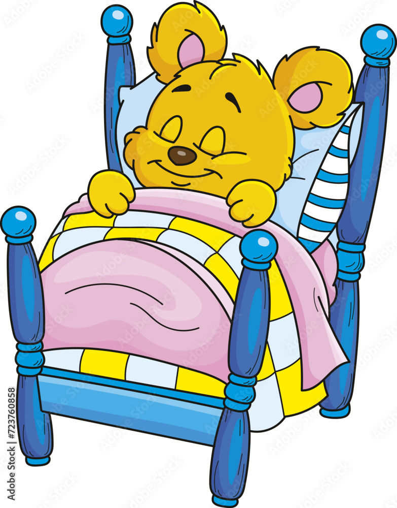 Coloring page outline of cartoon smiling cute bear in bed. Colorful ...